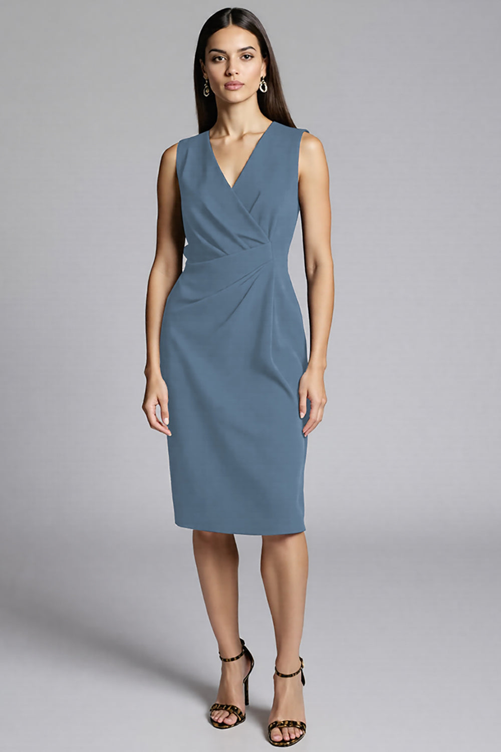 Navy Sheath V-Neck Midi Dress