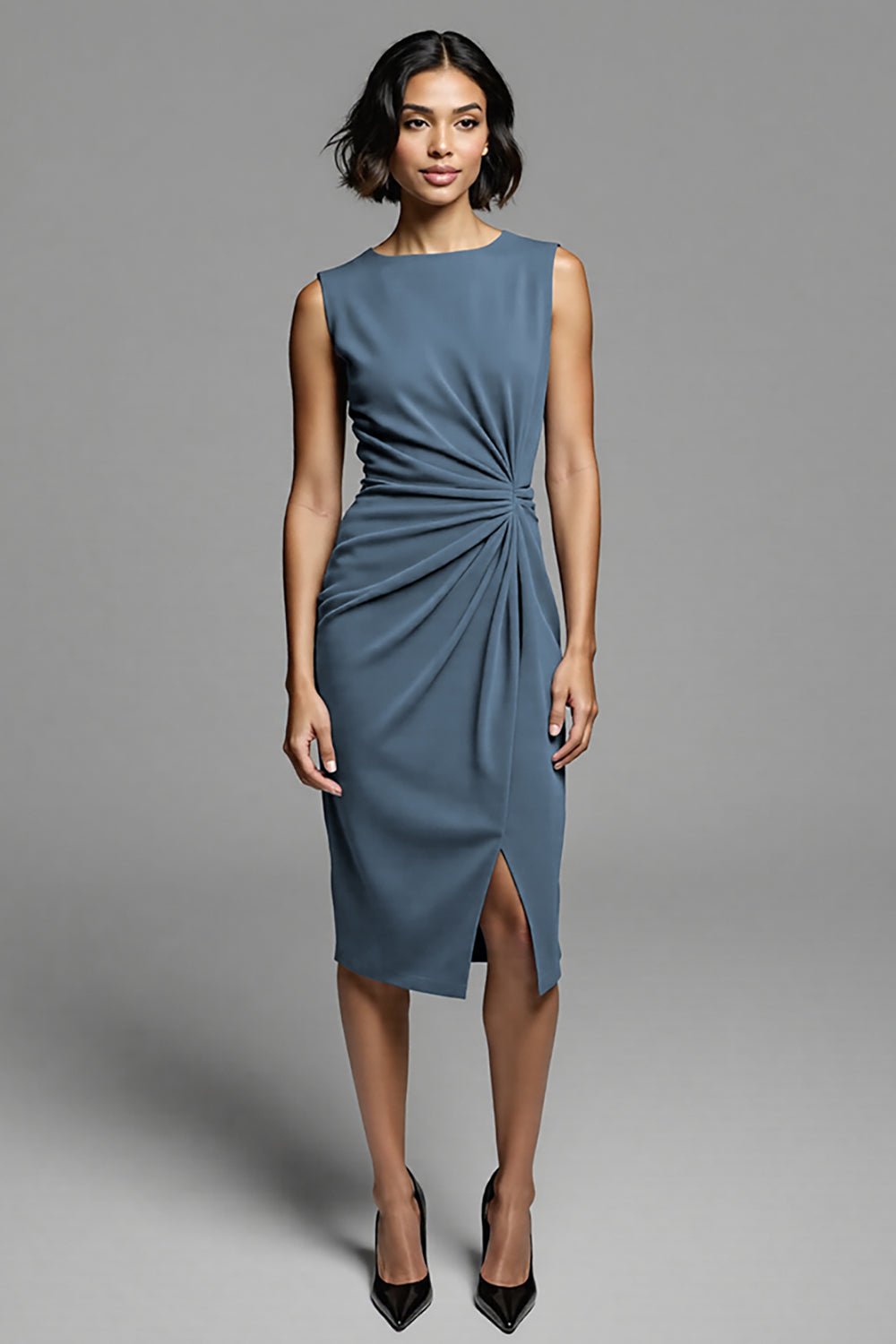 Grey Ruched Midi Dress with Slit