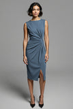 Grey Ruched Midi Dress with Slit