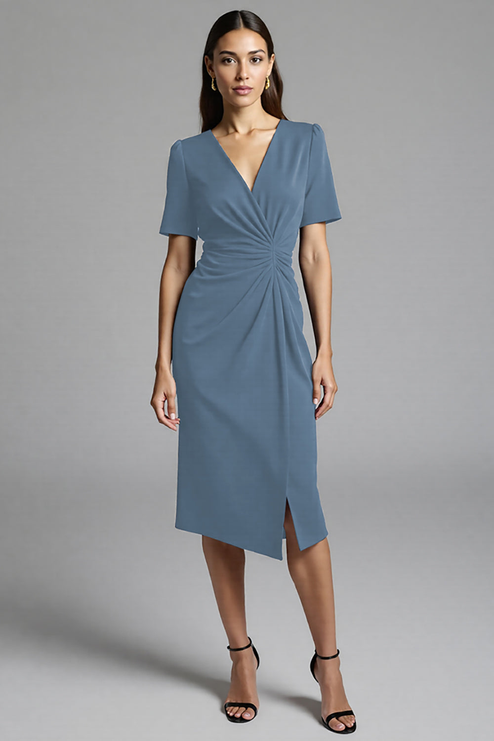 Ruched Navy Short Sleeve V-Neck Midi Dress
