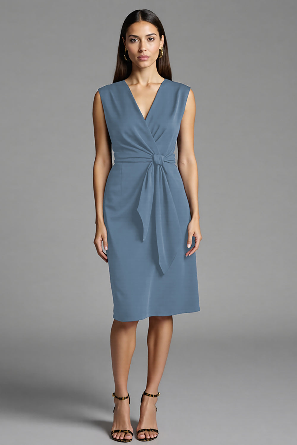 Navy Sheath V-Neck Midi Dress with Sash
