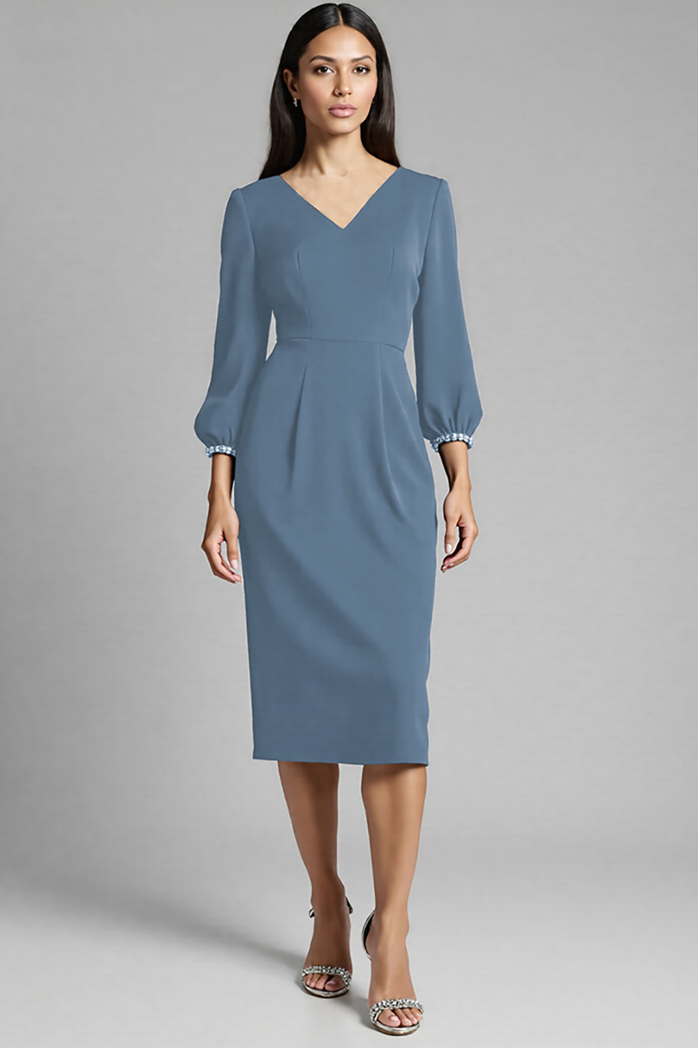 Navy V-Neck Sheath Midi Dress with 3/4 Sleeves