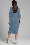Navy V-Neck Sheath Midi Dress with 3/4 Sleeves