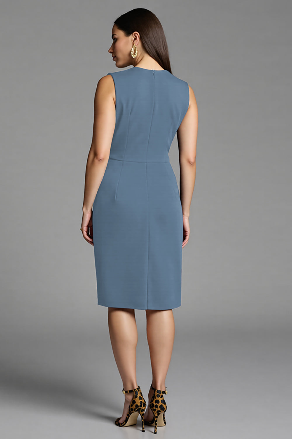Navy Sheath V-Neck Midi Dress with Sash