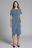 Navy Sheath Short Sleeve Midi Dress