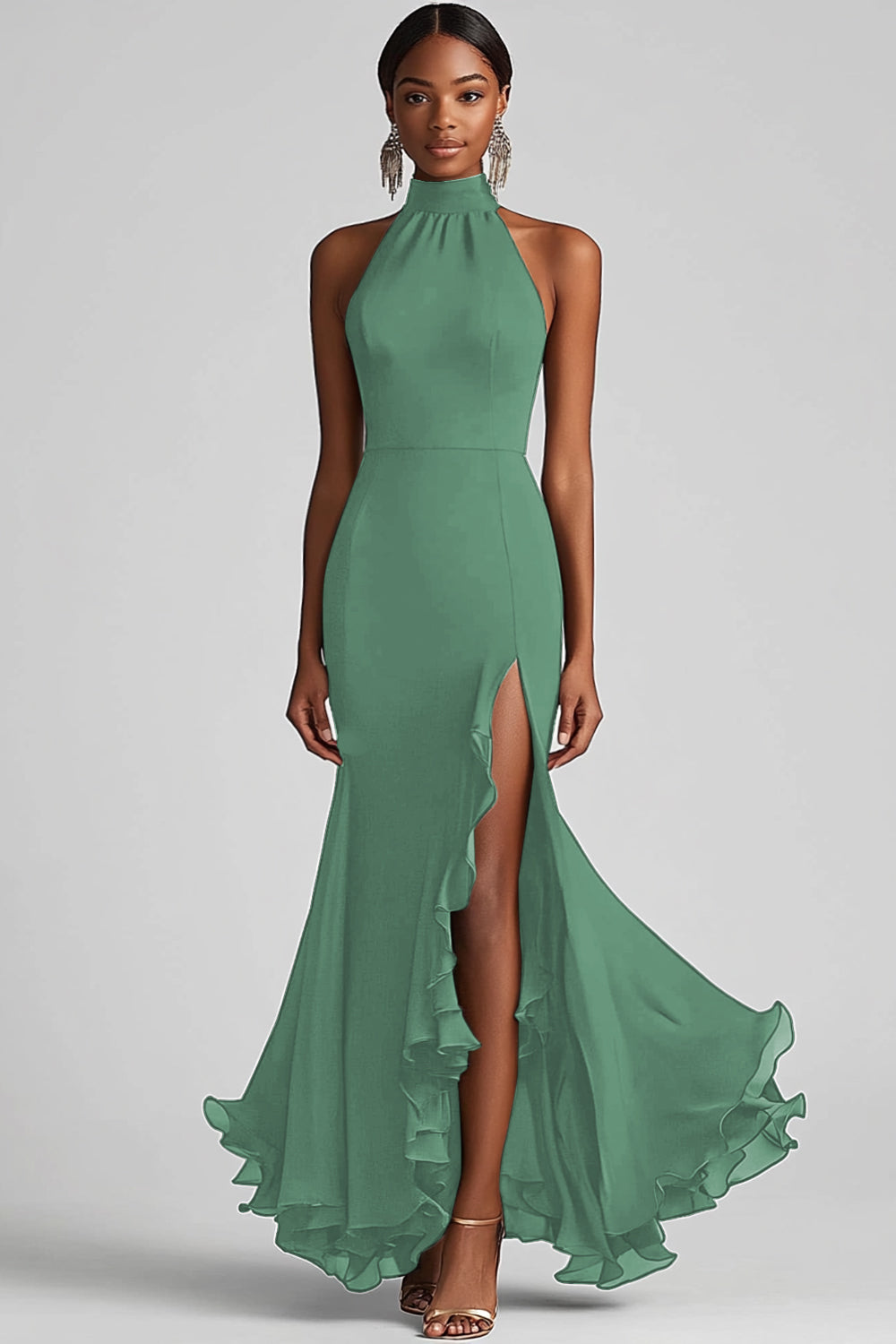 Black Halter Mermaid Formal Dress with Ruffle Hem