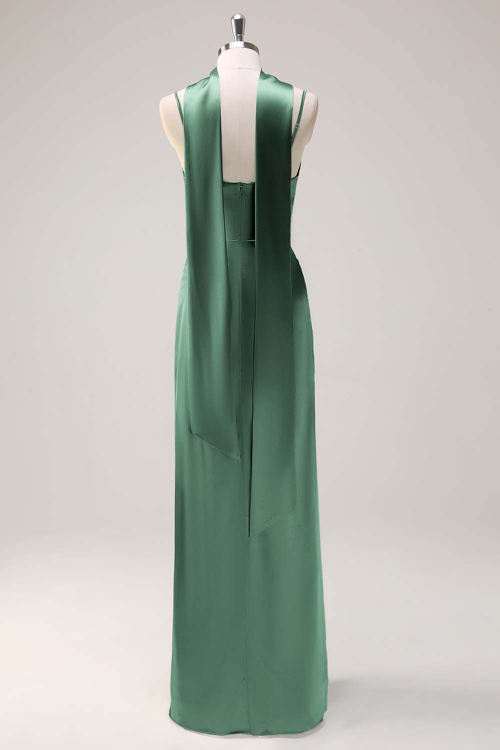 Sage Sheath Spaghetti Straps Slit Bridesmaid Dress with Ribbon