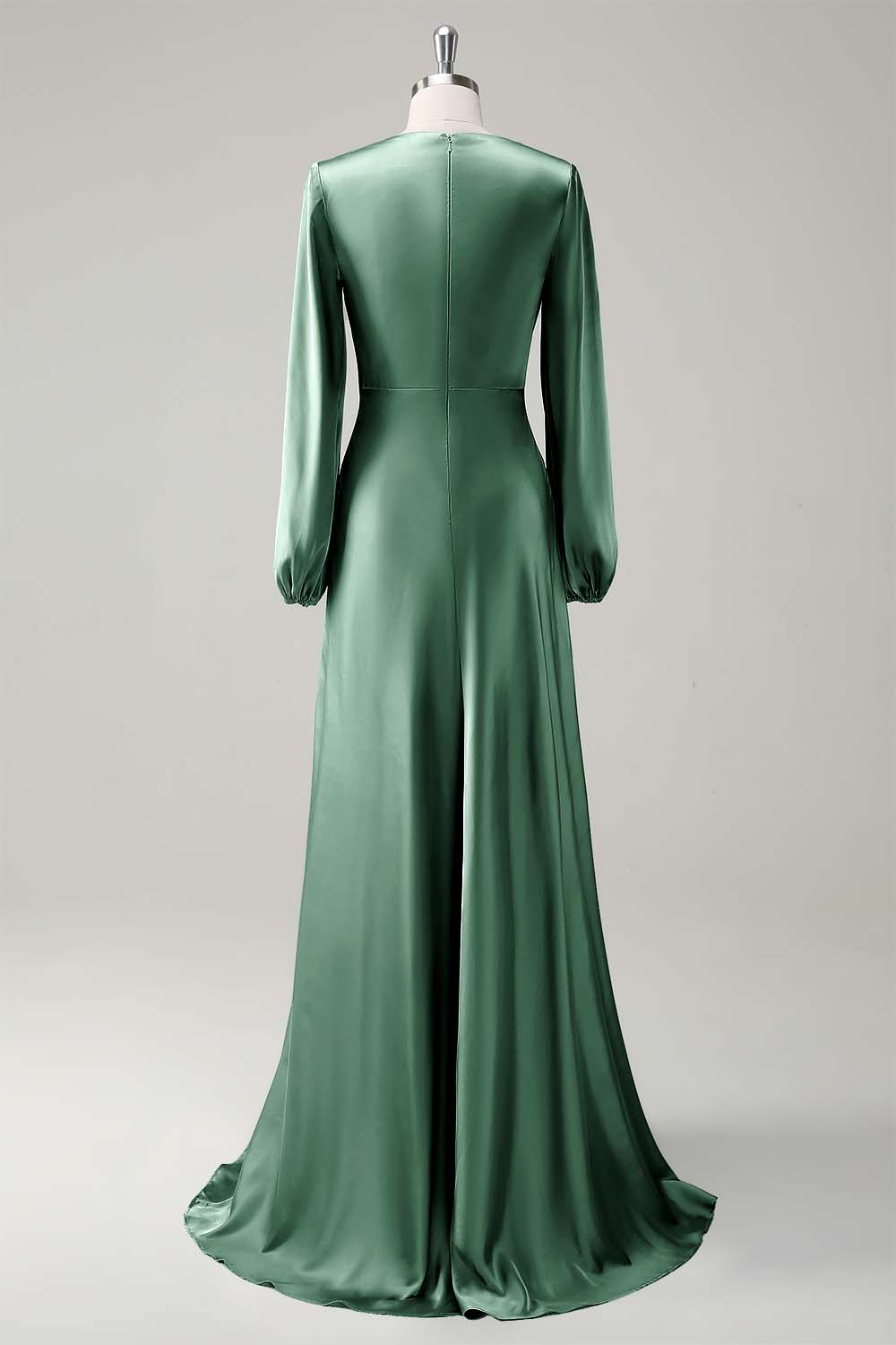 Eucalyptus Satin Round Neck Modest Bridesmaid Dress with Long Sleeves