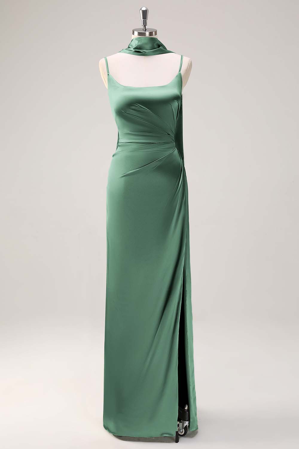 Sage Sheath Spaghetti Straps Slit Bridesmaid Dress with Ribbon
