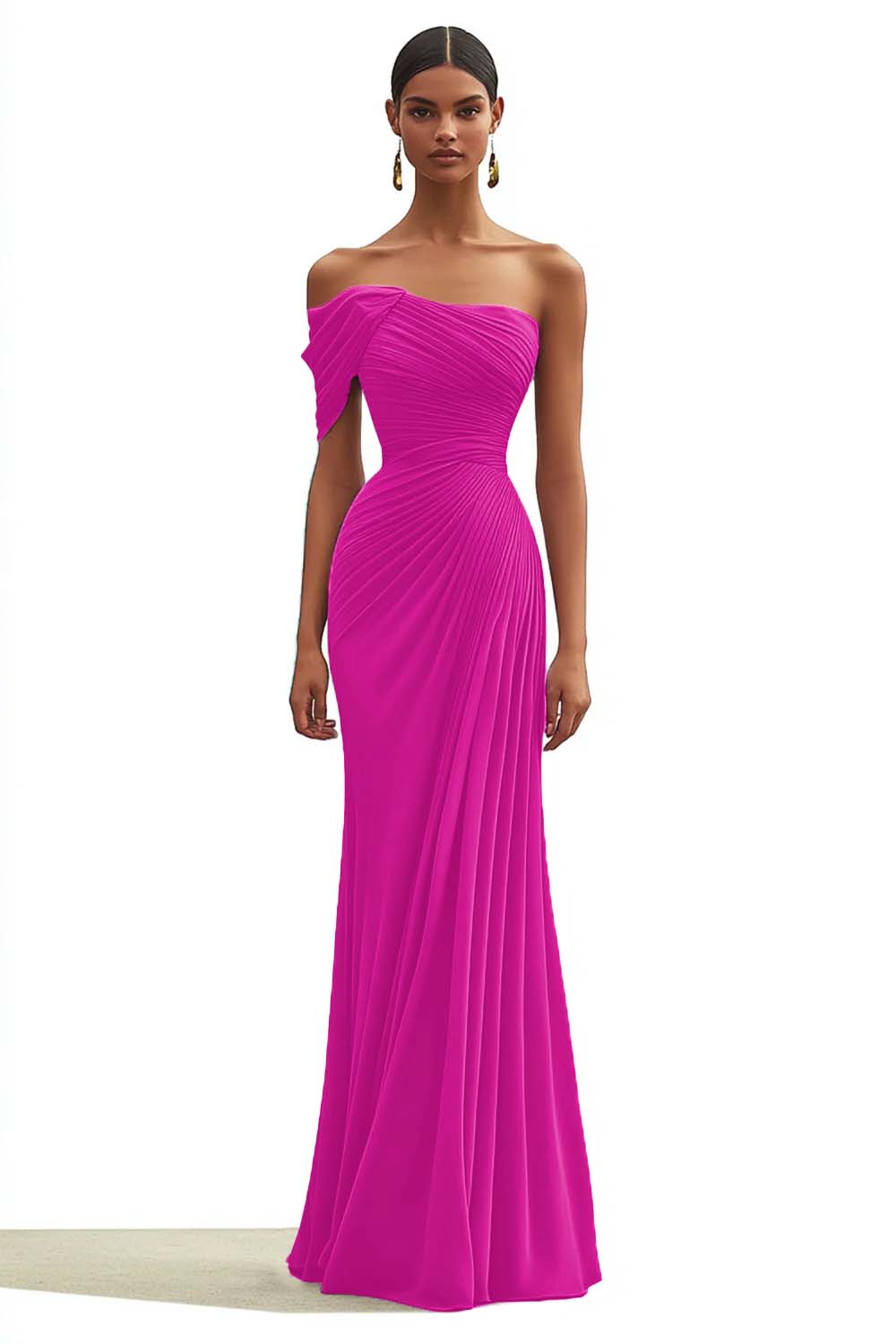 Dark Green One Shoulder Sheath Pleated Long Formal Dress