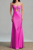 Pink Satin Strapless Cut Out Sheath Formal Dress