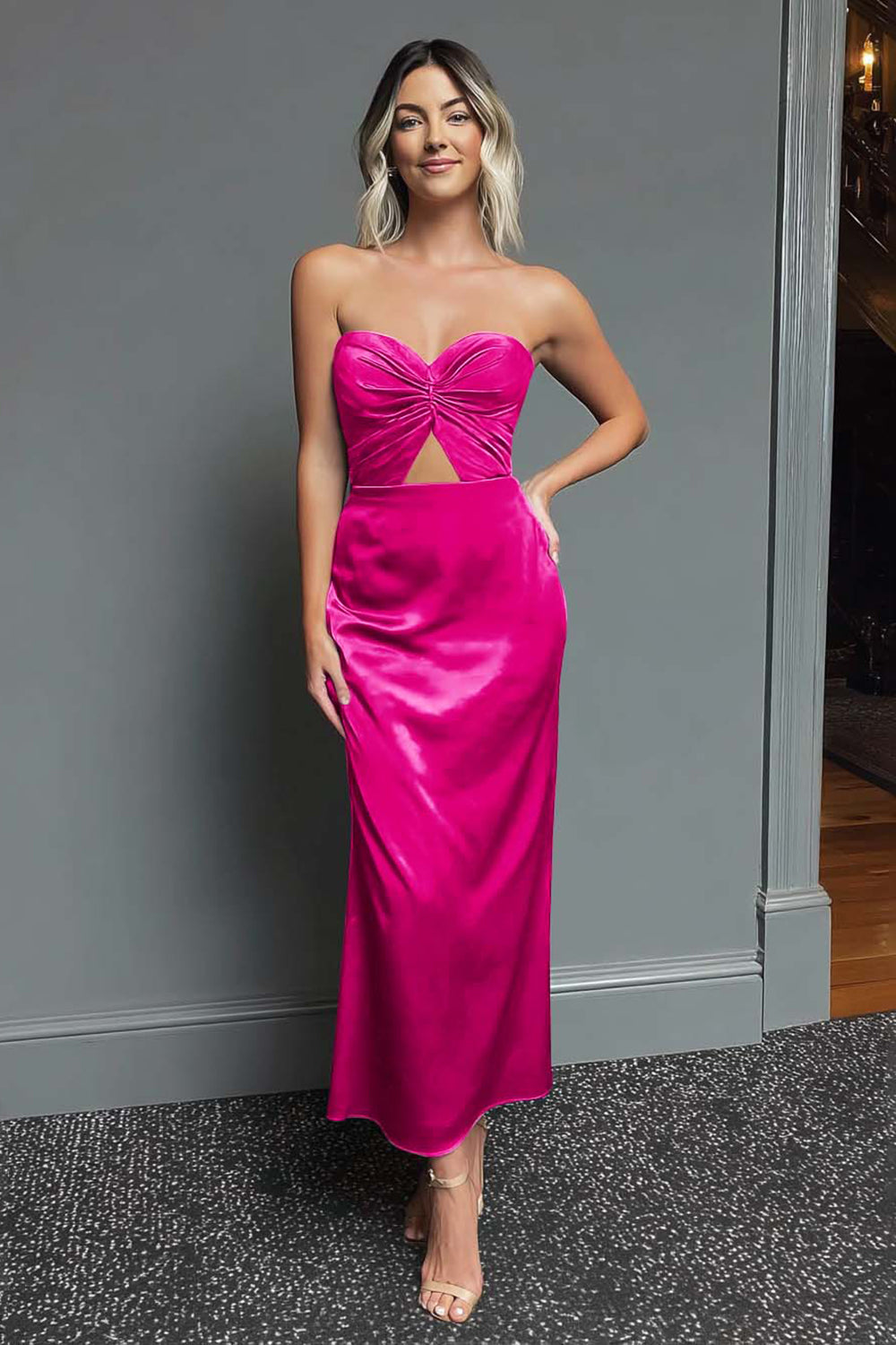 Dark Green Sheath Strapless Cut Out Ankle Length Formal Dress