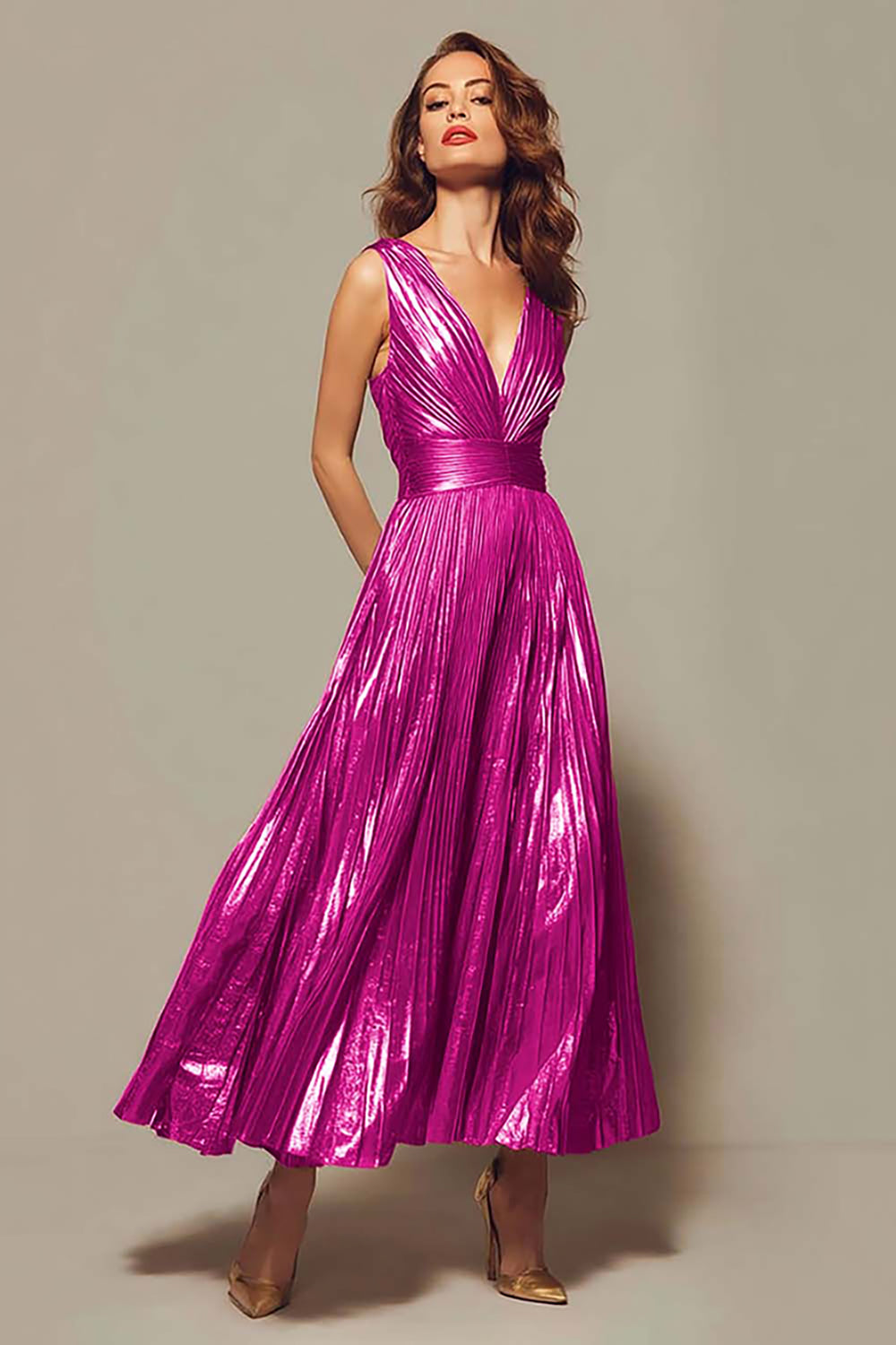Pleated A-Line Gold Tea Length Formal Dress