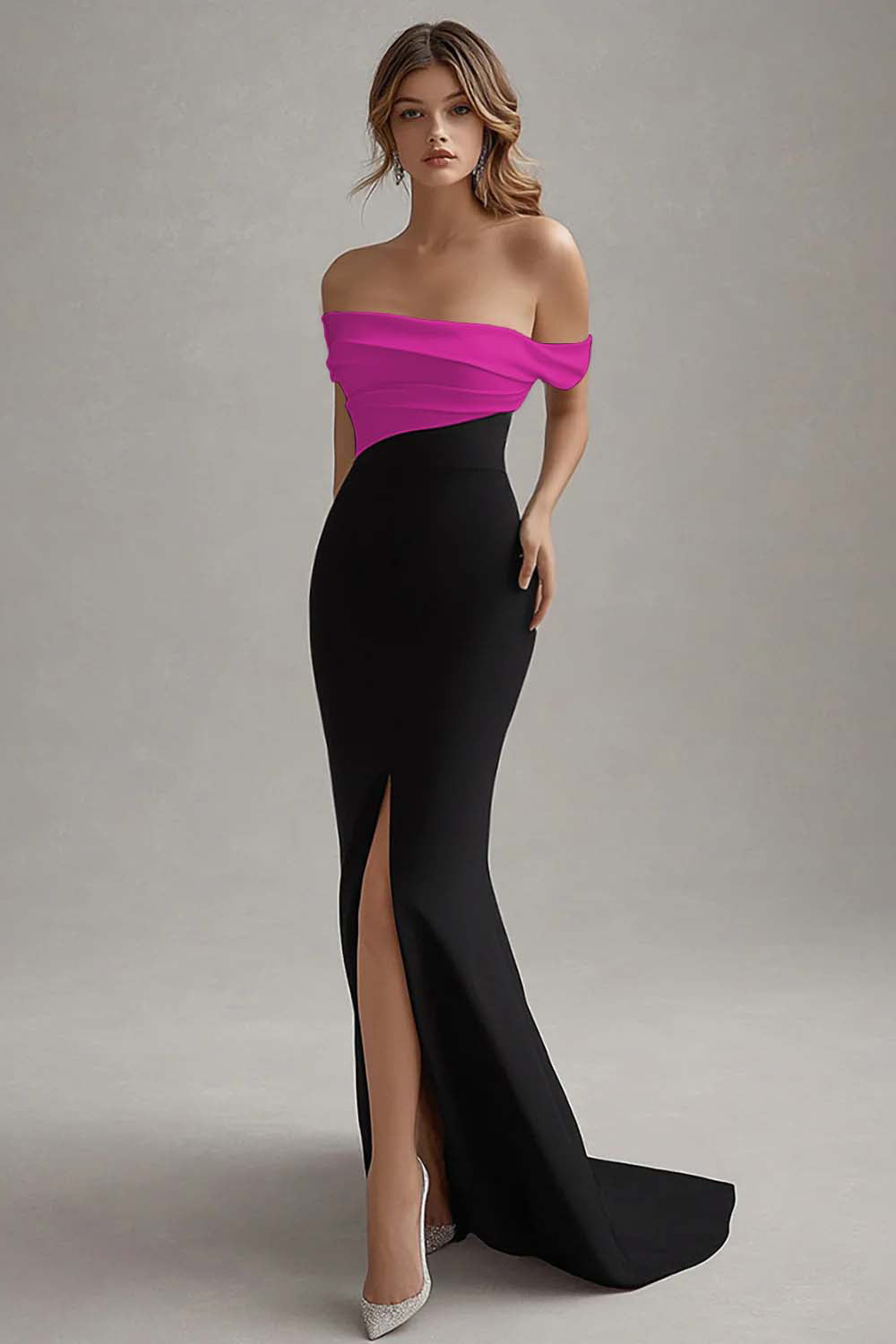 Elegant Off the Shoulder Black White Formal Dress with Slit