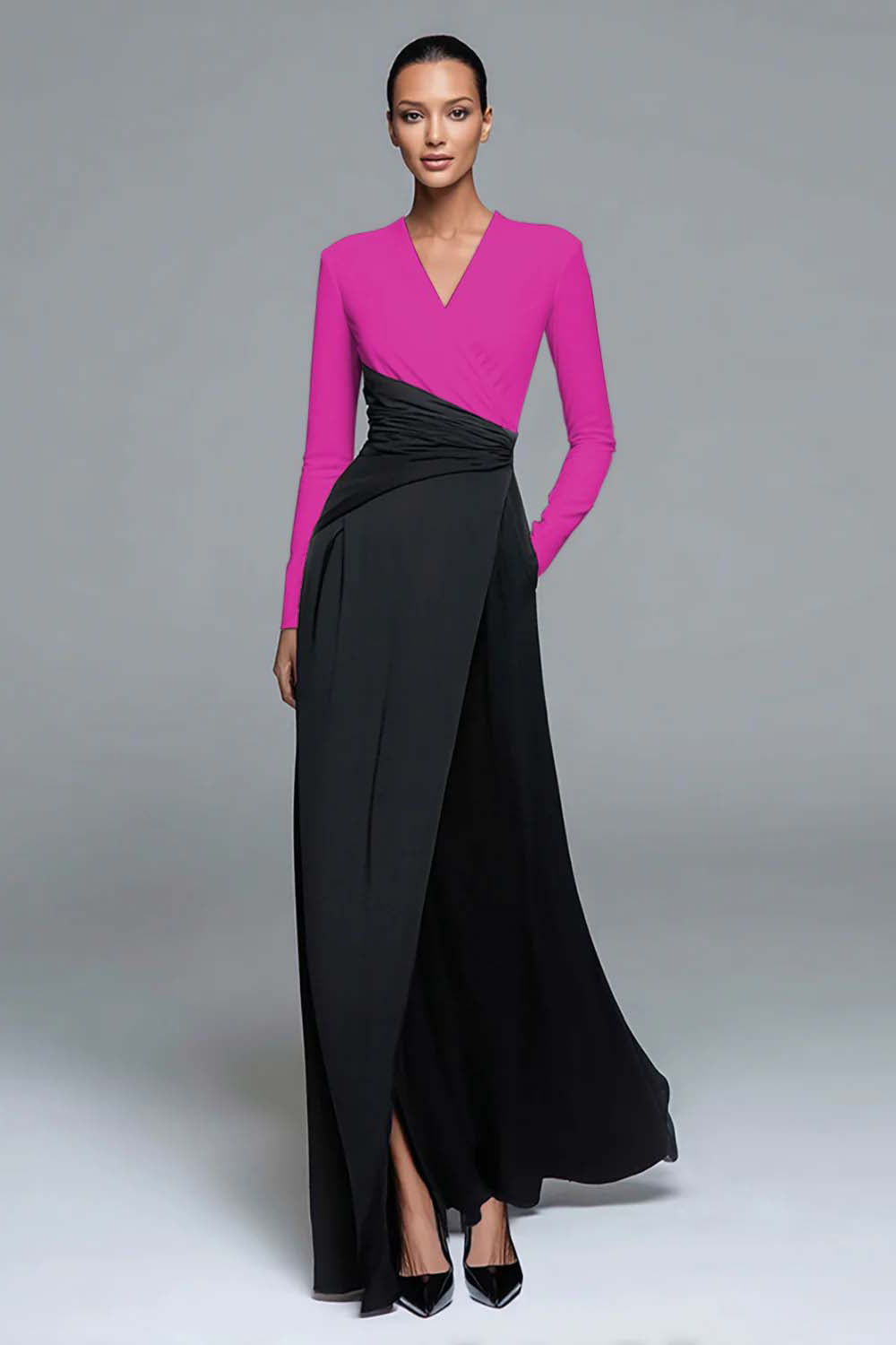 Black and White V-Neck Formal Dress with Long Sleeves