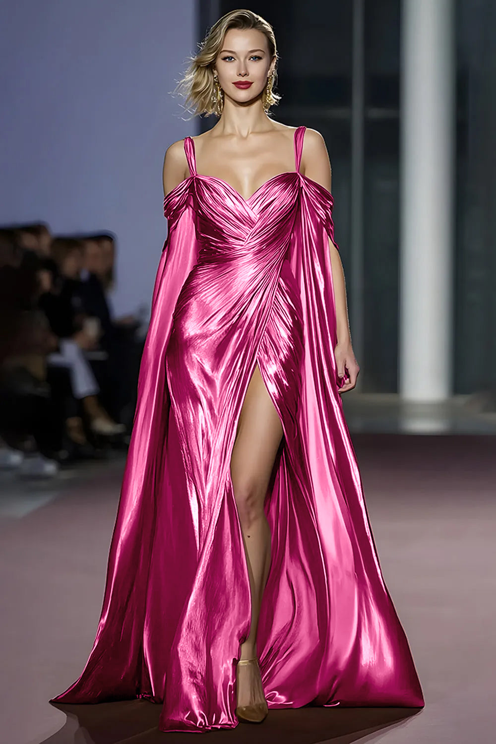 Metallic Golden Mermaid Cold Shoulder Ruched Gala Dress With Slit