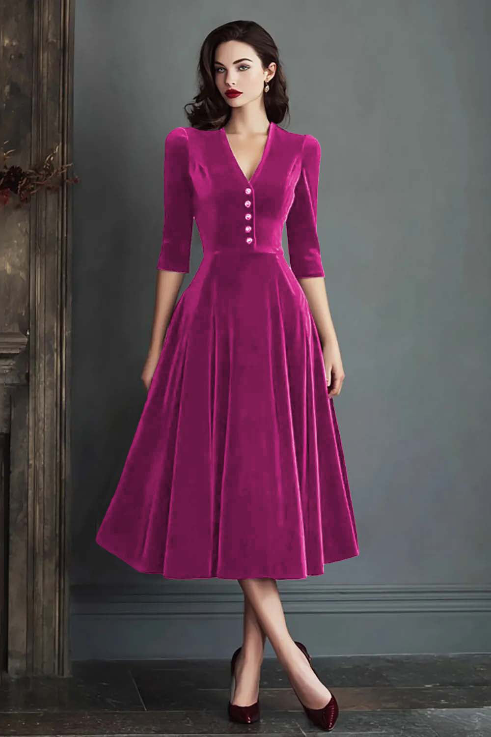 Burgundy Velvet A-Line V-Neck Midi Dress with Half Sleeves