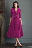 Burgundy Velvet A-Line V-Neck Midi Dress with Half Sleeves