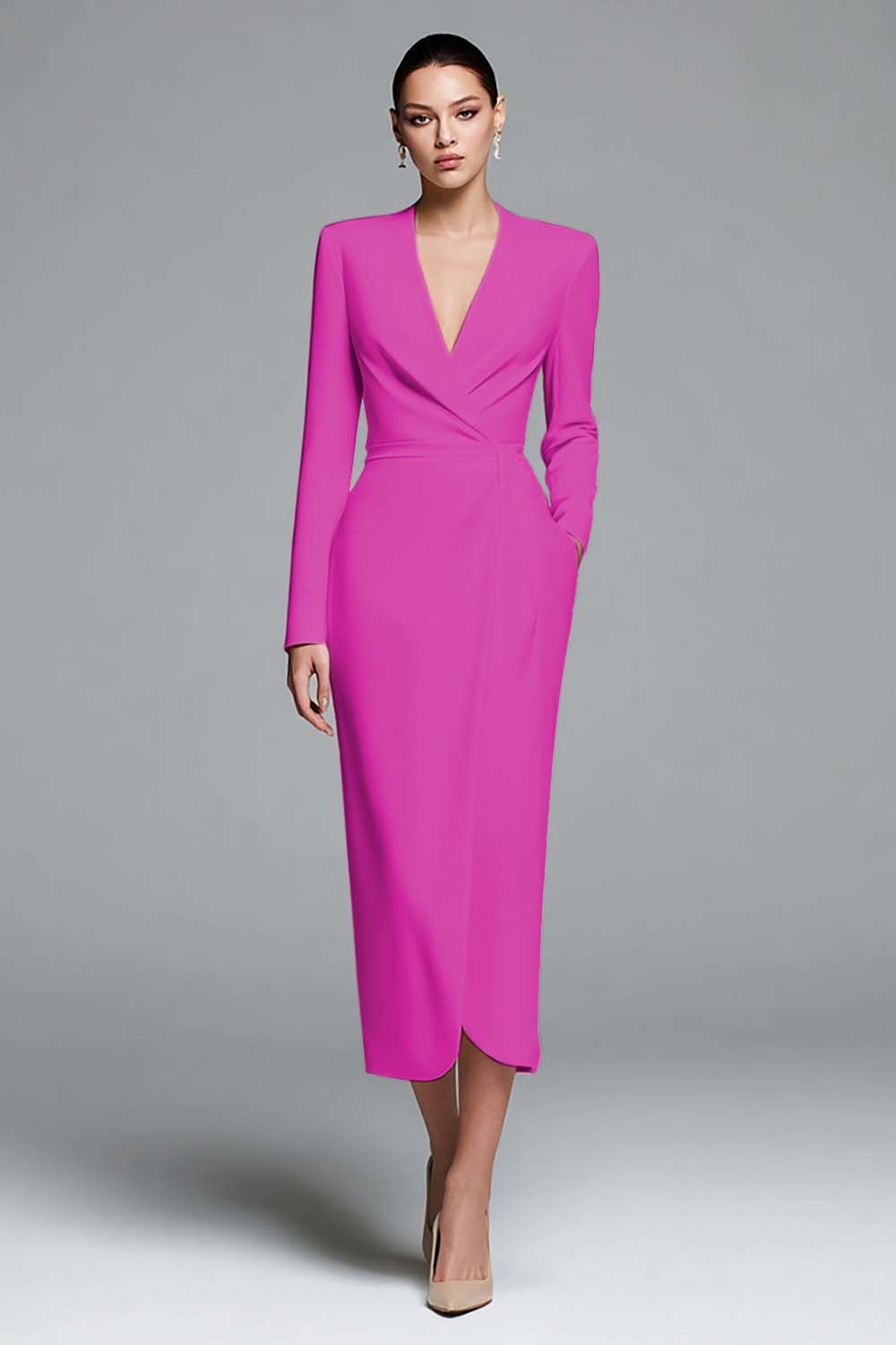 Ivory Sheath V-Neck Work Dress With Long Sleeves