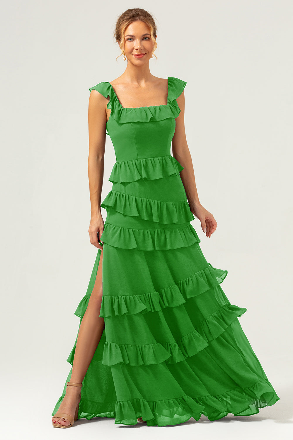 Dark Navy A Line Tiered Chiffon Maxi Bridesmaid Dress