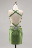 Dark Green Corset Satin Bodycon Homecoming Dress with Rhinestones