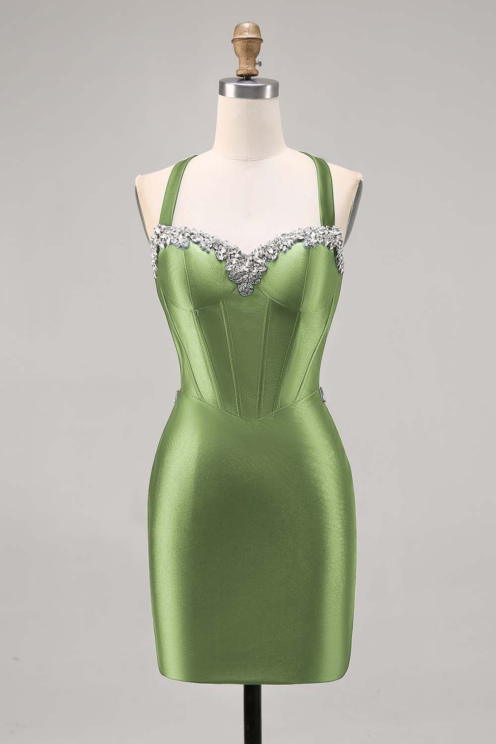 Dark Green Corset Satin Bodycon Homecoming Dress with Rhinestones