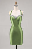 Dark Green Corset Satin Bodycon Homecoming Dress with Rhinestones