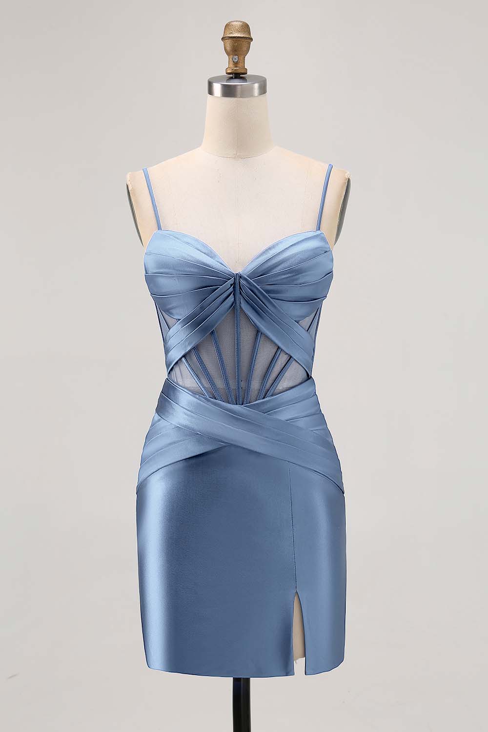 Royal Blue Sheer Corset Satin Tight Homecoming Dress with Slit