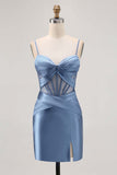 Royal Blue Sheer Corset Satin Tight Homecoming Dress with Slit