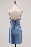 Royal Blue Sheer Corset Satin Tight Homecoming Dress with Slit