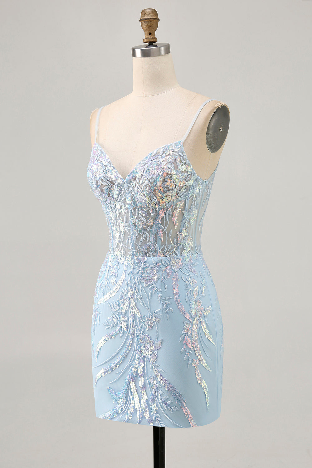 Blue Appliqued Bodycon Corset Homecoming Dress with Sequins