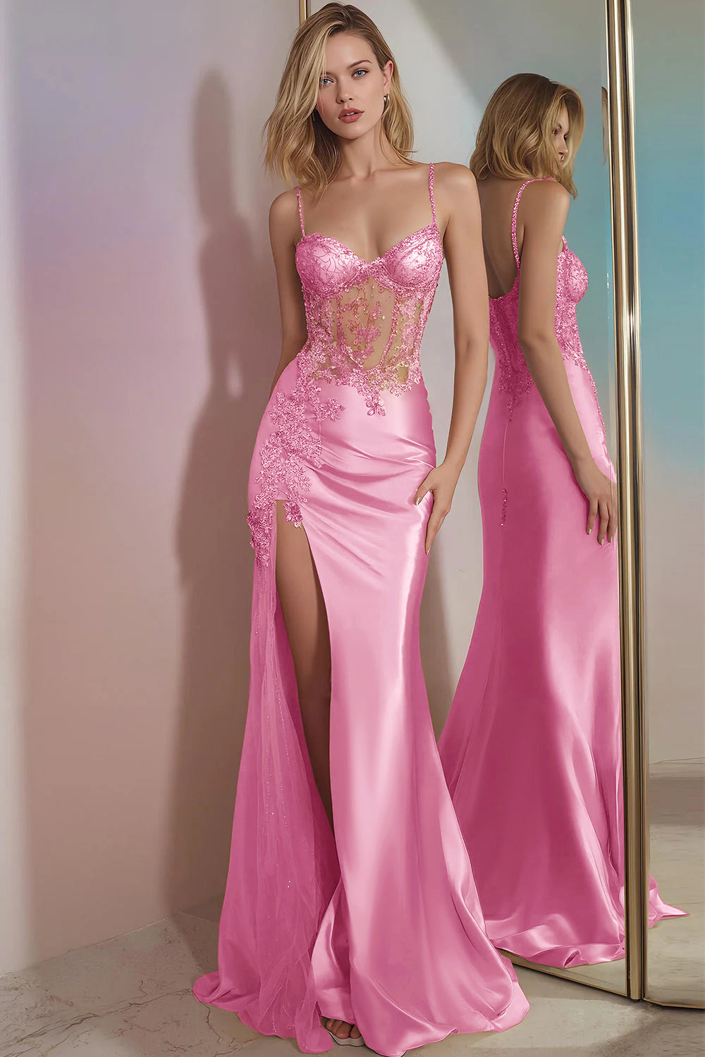 Corset Appliqued Mermaid Golden Prom Dress With Slit