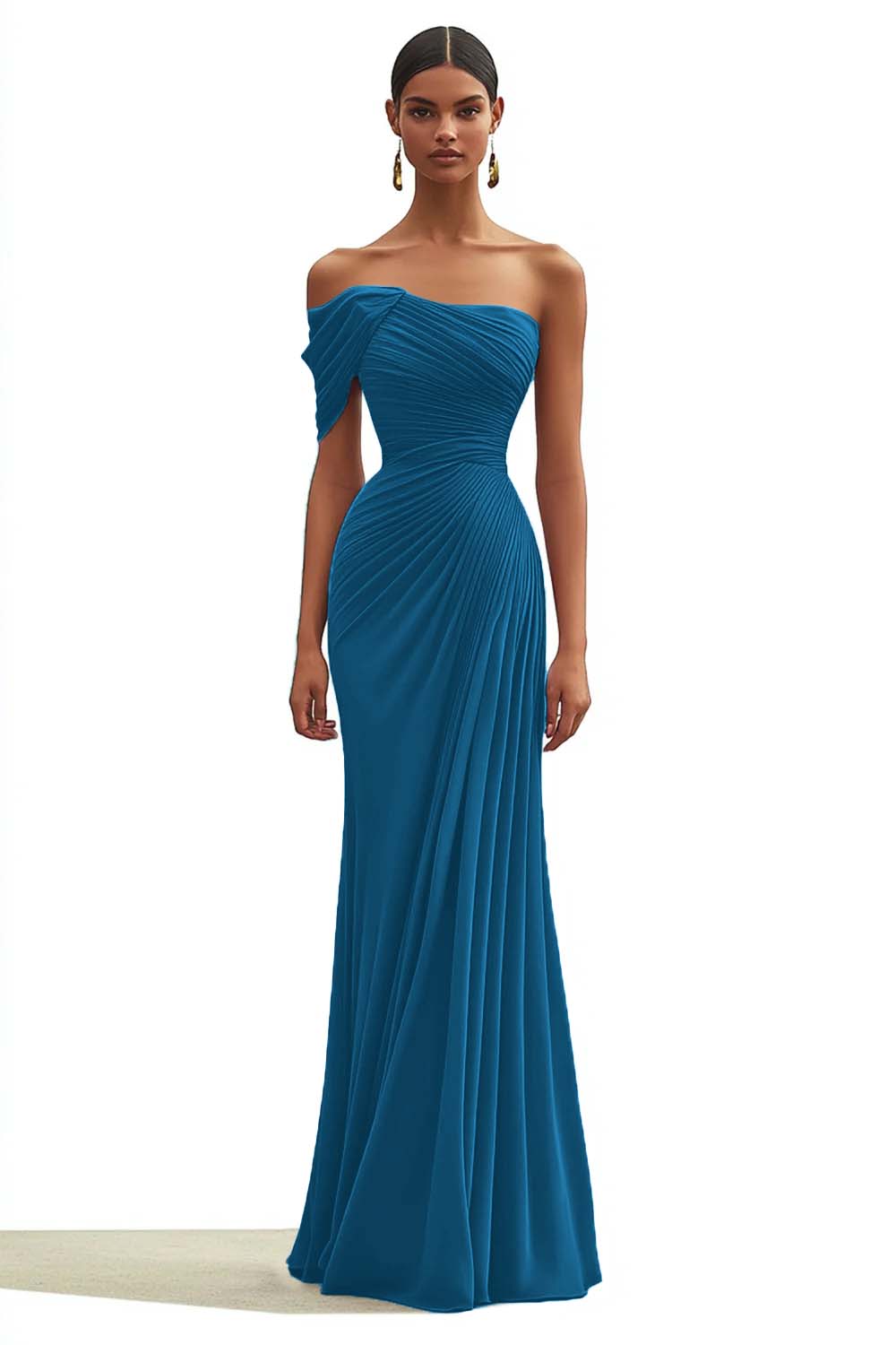 Dark Green One Shoulder Sheath Pleated Long Formal Dress