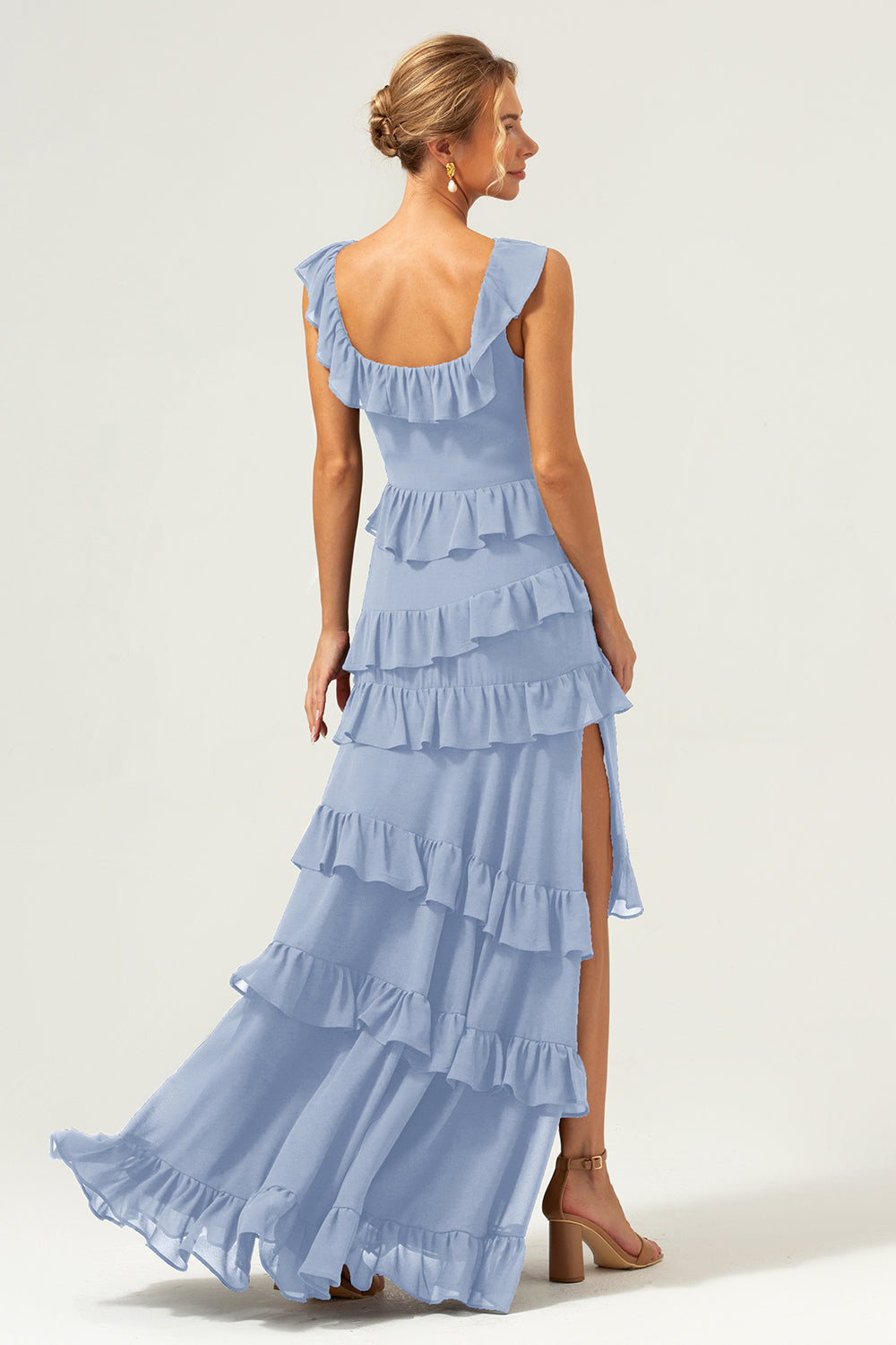 Dark Navy A Line Tiered Chiffon Maxi Bridesmaid Dress