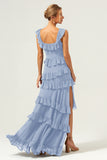 Dark Navy A Line Tiered Chiffon Maxi Bridesmaid Dress