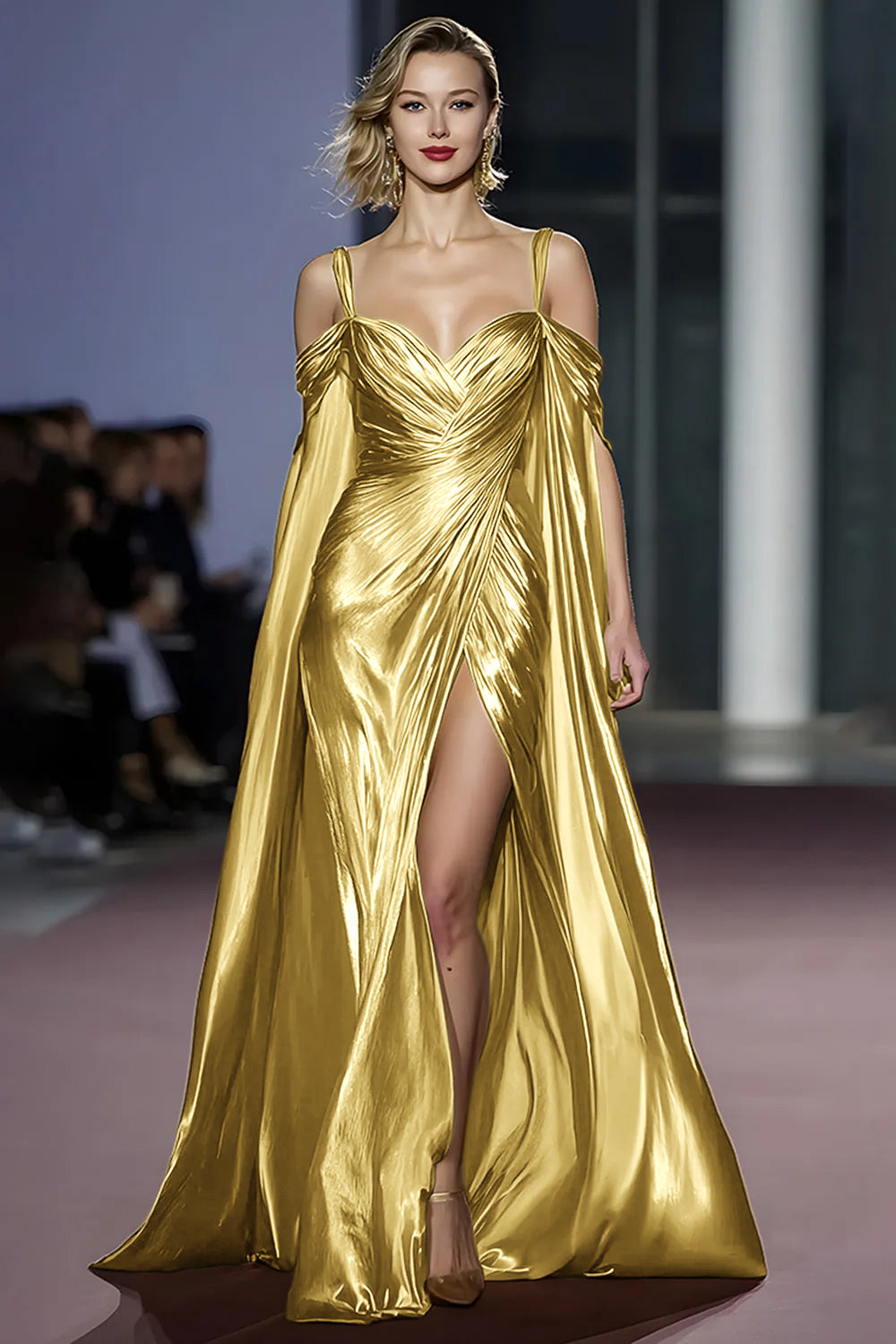 Metallic Golden Mermaid Cold Shoulder Ruched Gala Dress With Slit