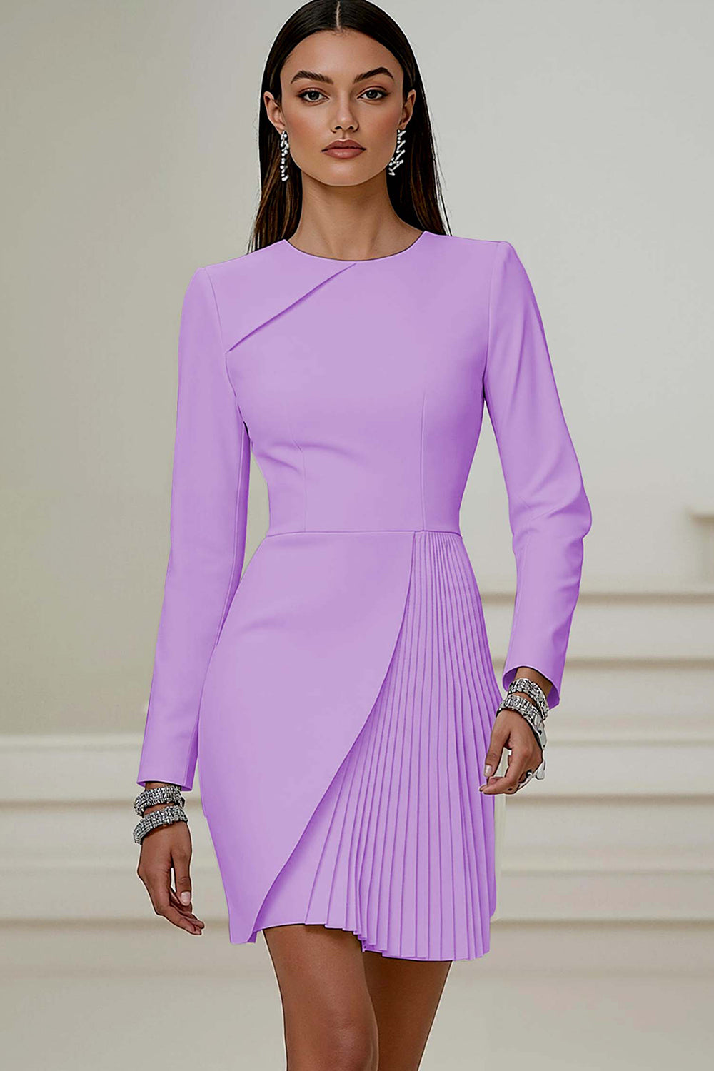 Pencil Pleated Ivory Work Dress With Long Sleeves