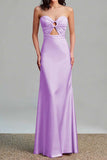Pink Satin Strapless Cut Out Sheath Formal Dress