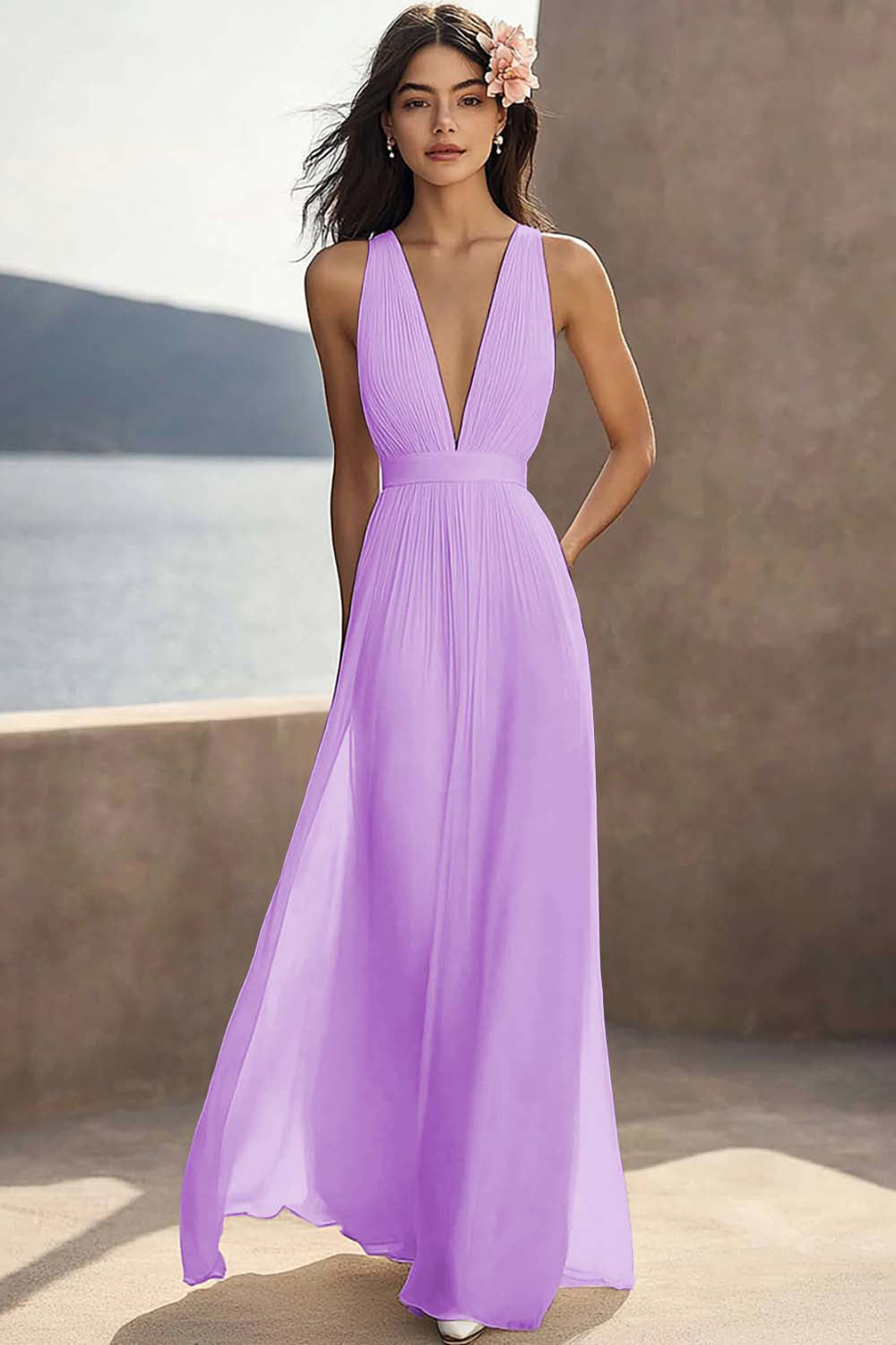A Line Ivory V-Neck Long Engagement Dress