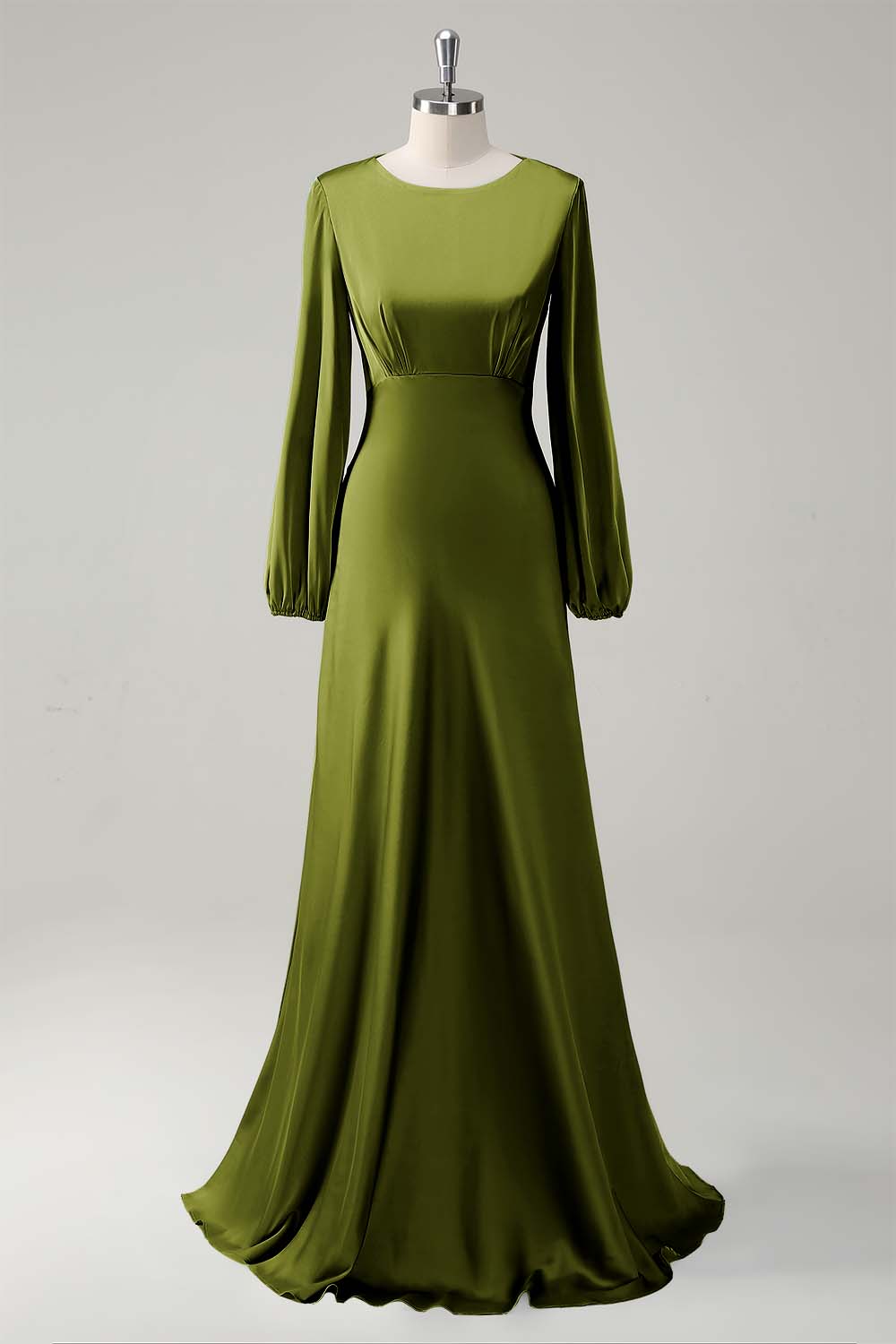 Eucalyptus Satin Round Neck Modest Bridesmaid Dress with Long Sleeves