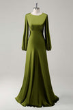 Eucalyptus Satin Round Neck Modest Bridesmaid Dress with Long Sleeves