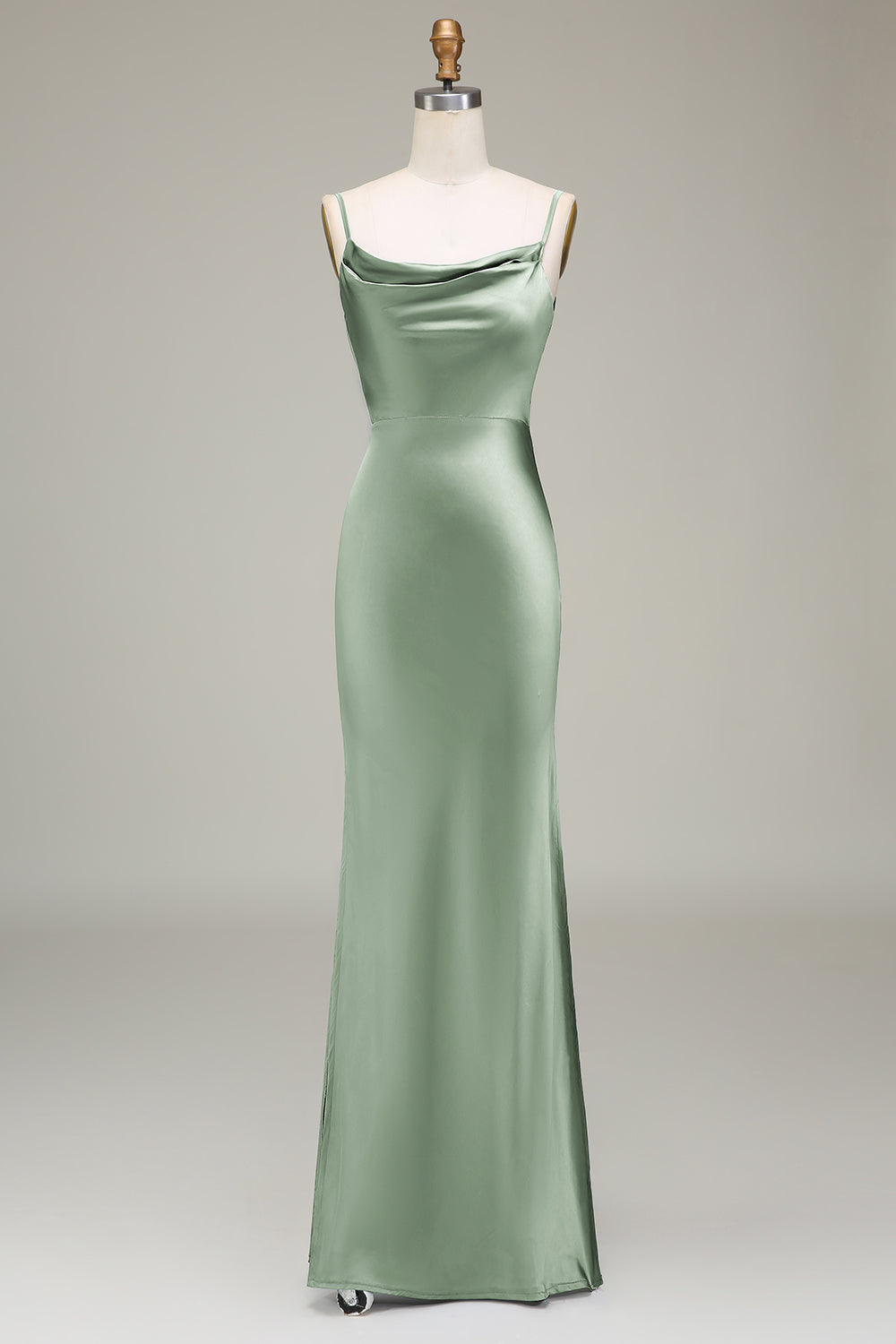 Dusty Blue Sheath Cowl Neck Satin Maxi Dress with Slit