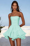 Strapless Blue A Line Ruched Graduation Dress