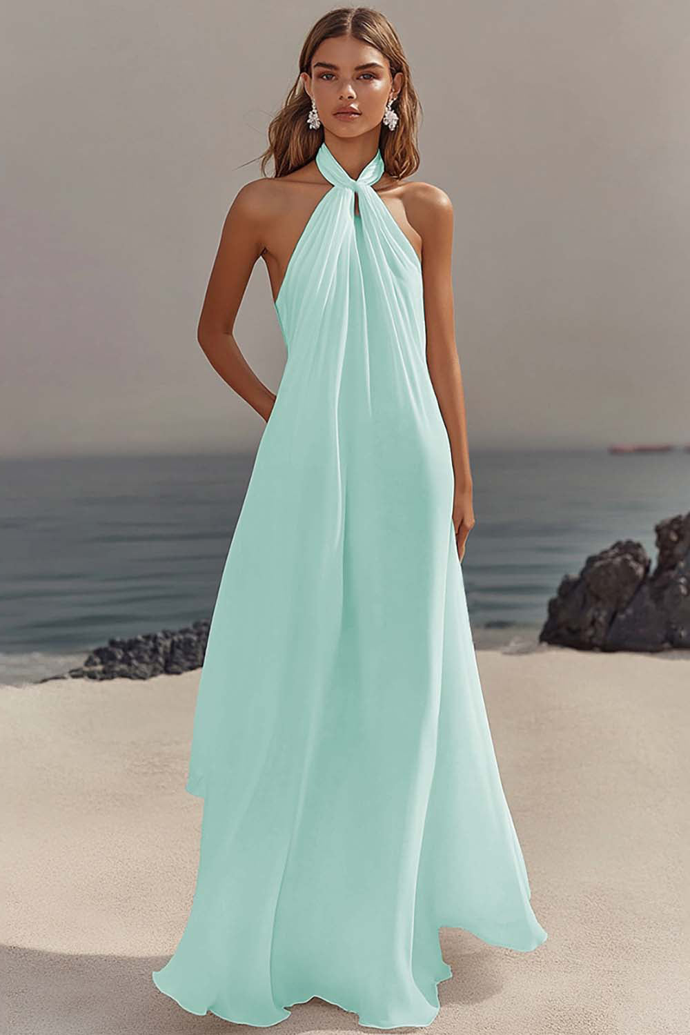 Simple White Halter A Line Chiffon Engagement Dress