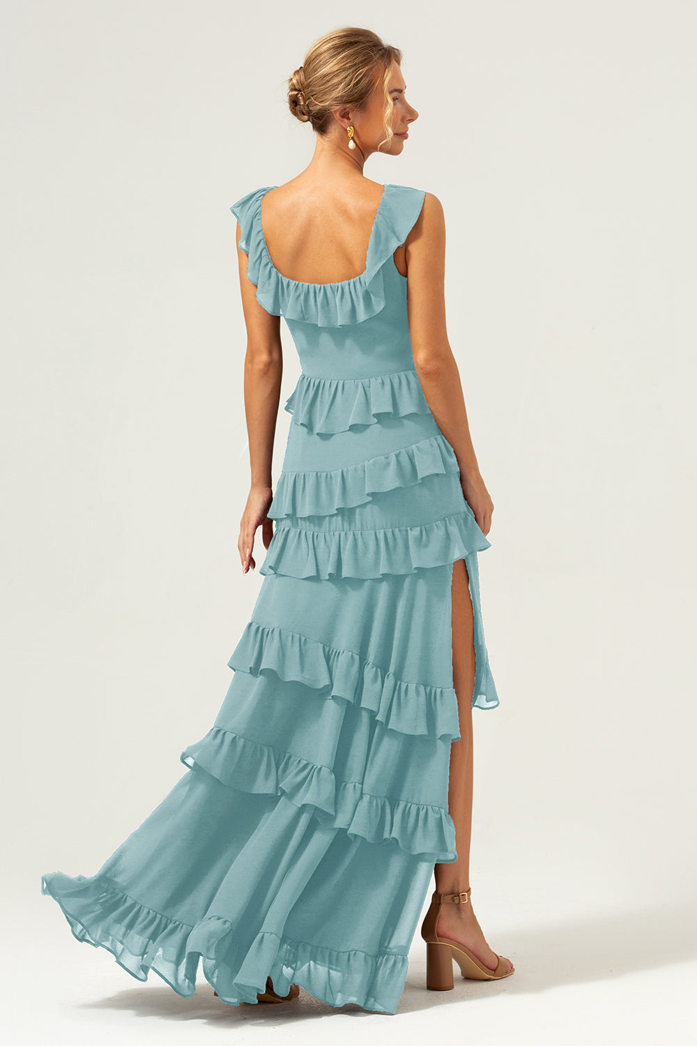 Dark Navy A Line Tiered Chiffon Maxi Bridesmaid Dress