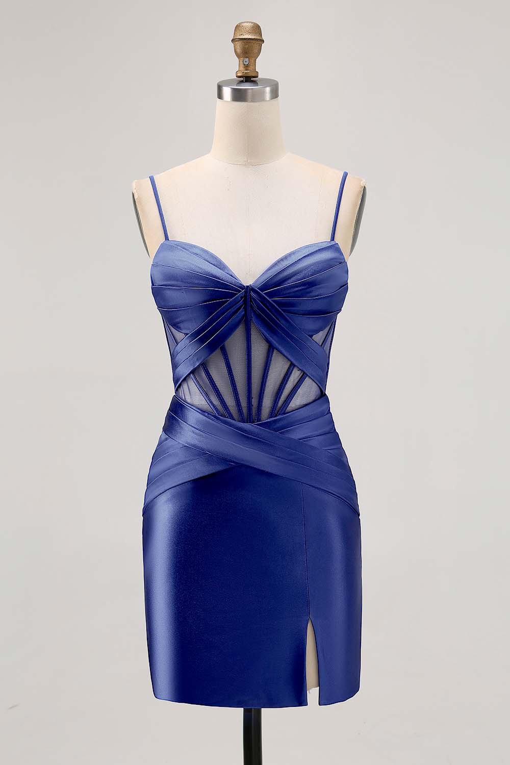 Royal Blue Sheer Corset Satin Tight Homecoming Dress with Slit