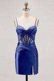 Royal Blue Sheer Corset Satin Tight Homecoming Dress with Slit