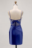 Royal Blue Sheer Corset Satin Tight Homecoming Dress with Slit