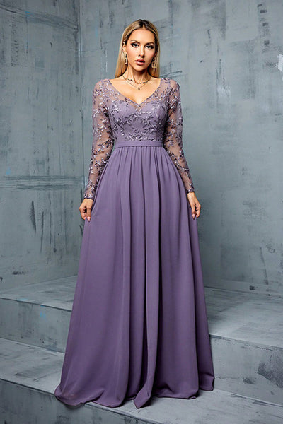 purple chiffon dress with sleeves Lavender Chiffon Sweetheart Neck Lace Long Prom Dresses, Party Dresses, MP795
