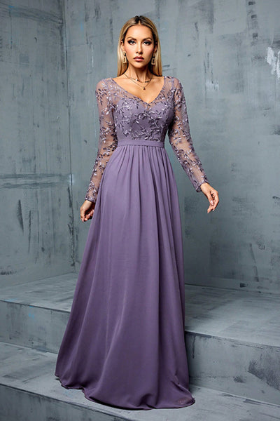 Berylove Women Grey Purple A Line Maxi Dress V Neck Embroidered Chiffon Wedding Party Guest Dress with Long Sleeves, Grey Purple / XL Berylove Women Grey Purple A Line Maxi Dress V Neck Embroidered Chiffon Wedding Party Guest Dress with Long Sleeves, Grey Purple / XL